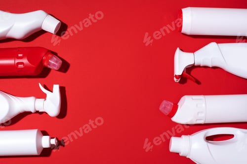 Preview: Plastic garbage collection on red background. Top view. Copy space. Flat lay. Stop plastic