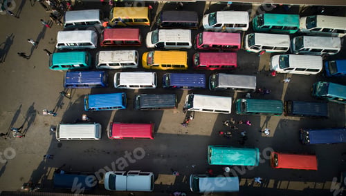 Preview: Aerial shot of colorful buses at lorry station in Accra
