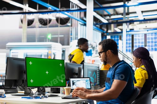 Preview: Black engineer adjusting robotic arm settings through chroma key display