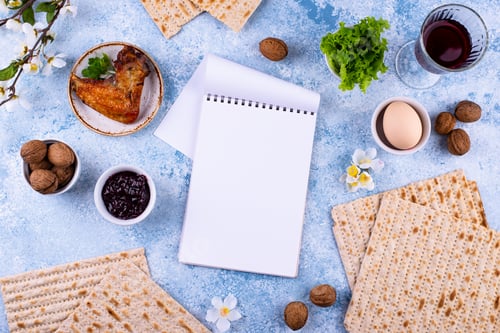 Preview: Traditional Passover Seder plate with symbolic foods. Symbolic of Jewish holiday Pesach.