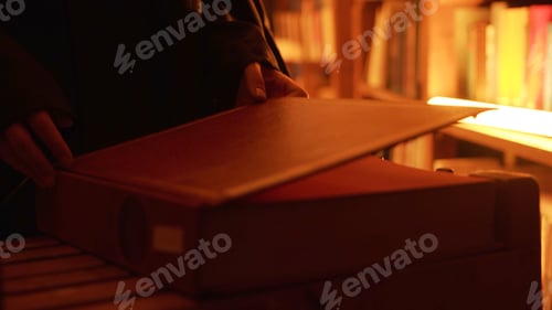 Preview: Close-up of mysterious man opening large book. Stock footage. Man opens book in dark library with