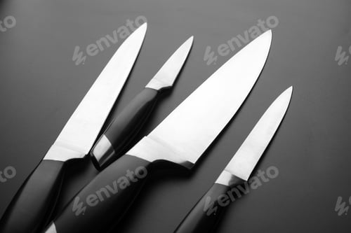 Preview: Collection of kitchen knives on black bfckground