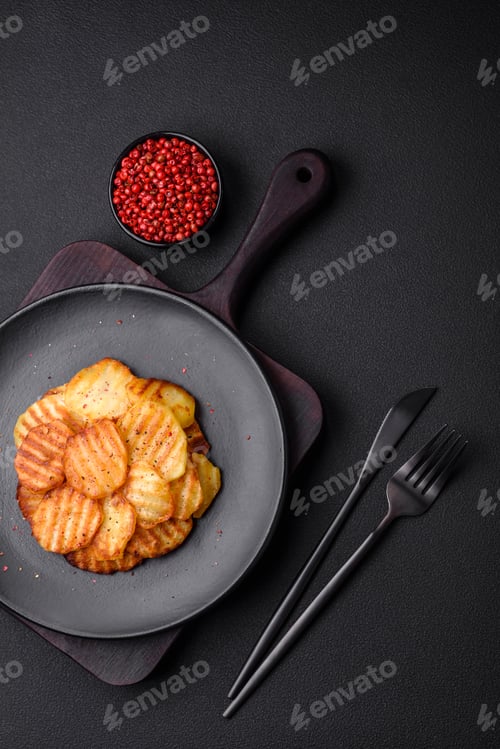 Preview: Delicious crispy fried potatoes in slices on a black ceramic plate