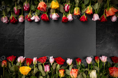 Colorful Roses Bordering Black Slate Background
