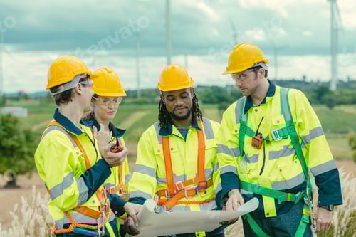 Visualização: Grupo de trabalhadores da equipe de engenheiros analisando a planta baixa juntos na Wind Turbines, trabalhando no planejamento de serviços