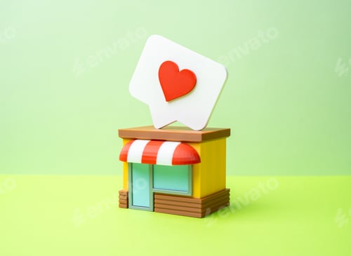 Preview: A store with a comment and like icon shows customer loyalty. Marking a favorite place builds trust.