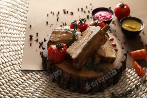 Preview: Delicious roasted ribs with tomatoes served on table