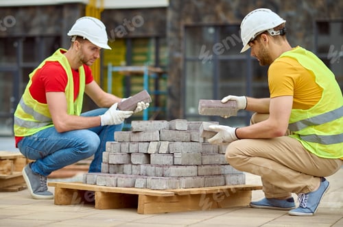 Preview: Two men stacking bricks at construction site