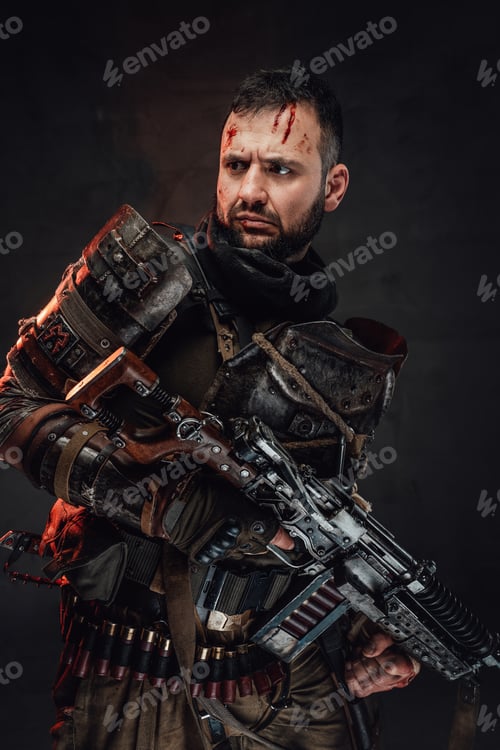 Preview: Serious apocalyptic guy with shotgun poses in dark background