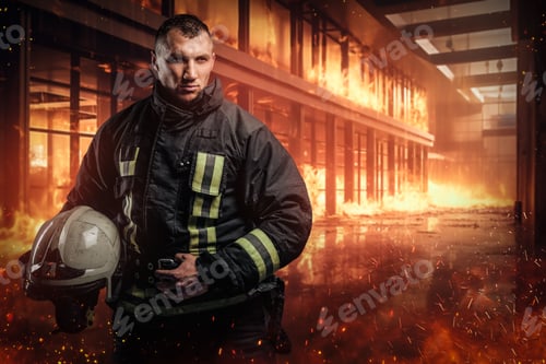 Preview: Firefighter in protective uniform stands amidst billowing flames and smoke