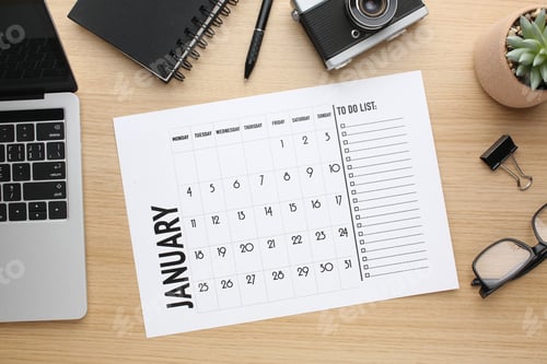 Preview: Desktop calendar on a modern desktop. Schedule and time planning in office and business.