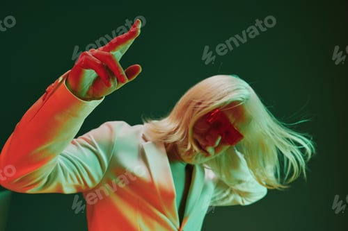 Preview: Stylish person in a surreal pose with smoking cigarette, wearing a white suit against a colorful
