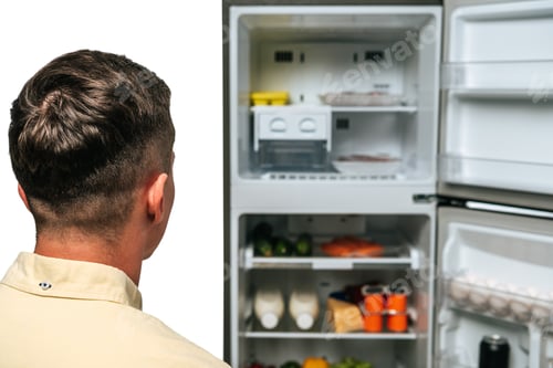 Preview: guy looking at open fridge with food isolated on white