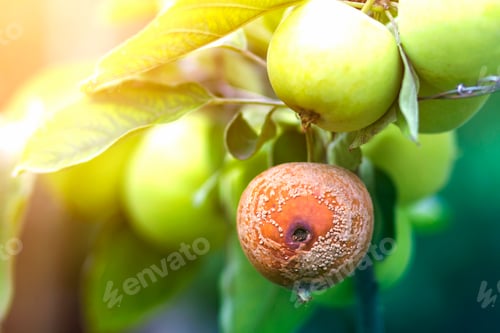 Preview: Close-up of lit by bright sun brunch with nice big ripe green and bad rotten apples in orchard on
