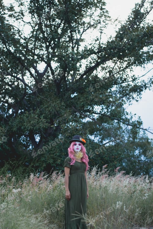 Preview: Young woman made up as a sad clown in a lonely field. Halloween makeup.