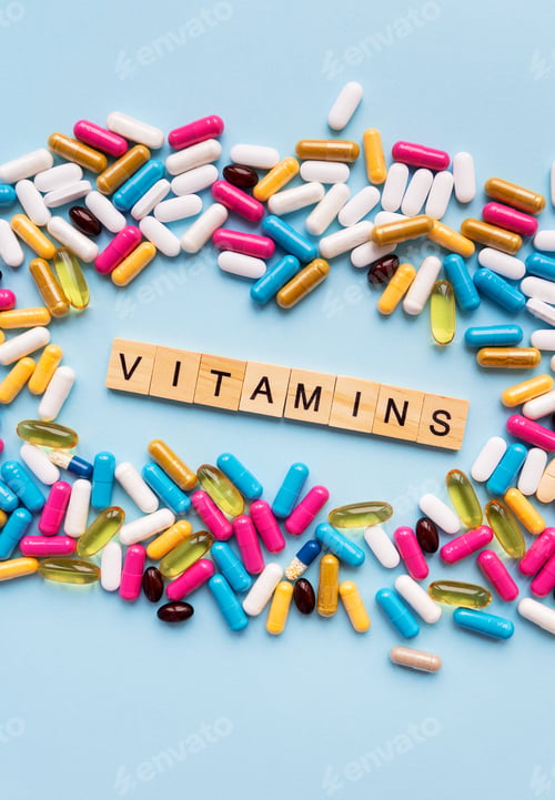 Preview: Health and medicine concept. Bright different types of medicines for health. Medicines on a blue