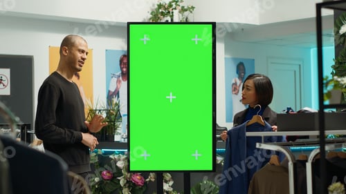 Preview: Female employee suggesting a selection of clothes next to isolated mockup