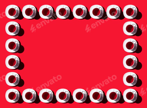 Preview: top view of frame made from healthy herbal tea in cups with shadows on red