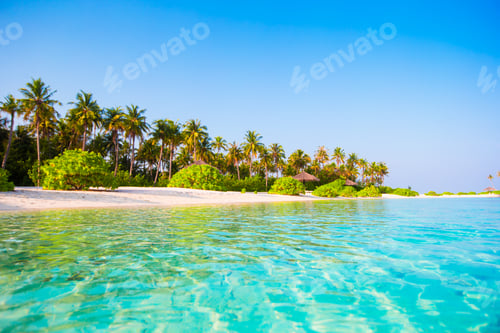 Preview: Idyllic clean perfect turquoise water and white sand at exotic island