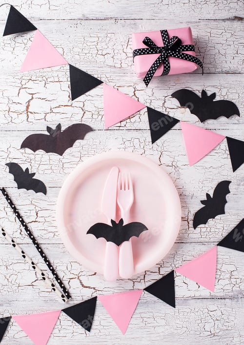Preview: Halloween black and pink table setting