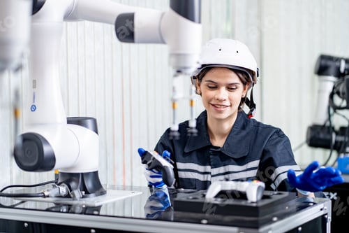 Preview: Modern industrial technology. Robotics engineer fitting sensors in robotics research facility