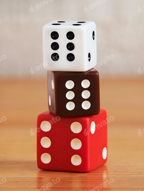 Preview: Closeup of stacked six-sided cubes in different colors