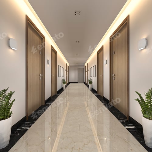 Preview: 3d rendering modern luxury wood and tile hotel corridor
