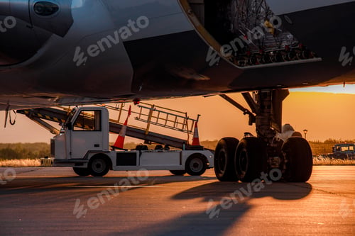Preview: Aircraft being serviced under bright sunset at the airport