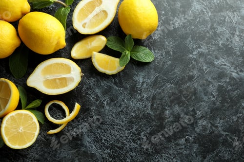 Preview: Ripe lemons on black smokey background, space for text