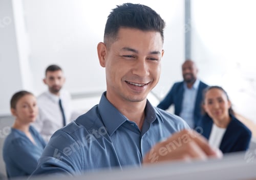 Preview: Smiling mixed race business manager training and teaching team of colleagues in office. Hispanic bu