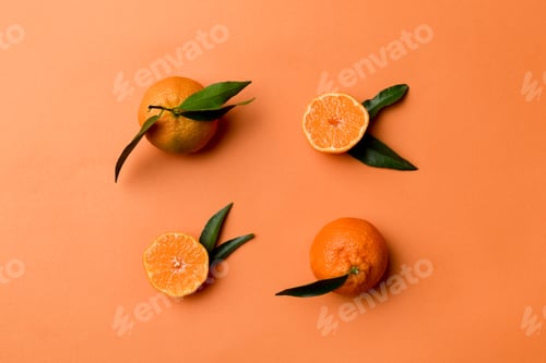 Preview: Many fresh ripe mandarin as colored background, top view. Elegant background