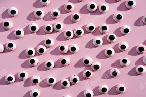 Preview: Lots of round plastic doll eyes on a pink background.