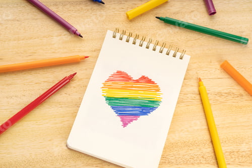 Preview: Notebook with LGBT rainbow flag heart shaped drawing