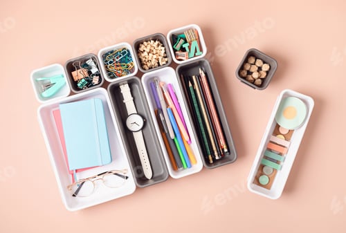 Preview: Desktop organization. Cleaning up messy stationary in plastic organizers