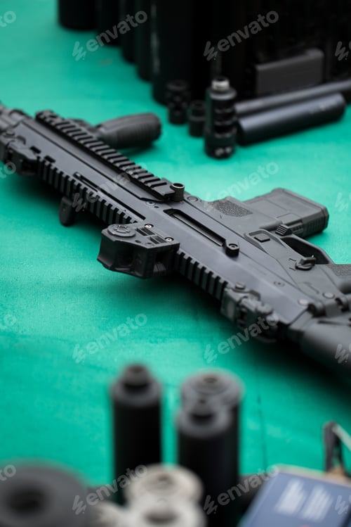 Preview: An assault rifle with a silencer on a green table
