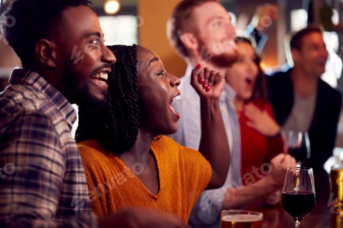 Preview: Group Of Excited Customers In Sports Bar Watching Sporting Event On Television