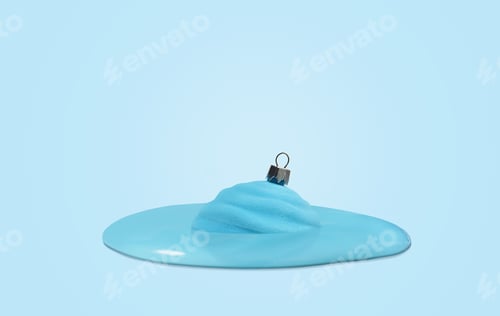 Preview: A blue Christmas tree ball melts on a blue background. Creative Christmas. Concept of Christmas.