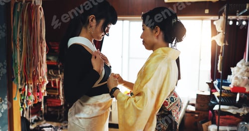 Preview: Asian woman, dress and fashion designer with garment for kimono, culture or tradition style at bout