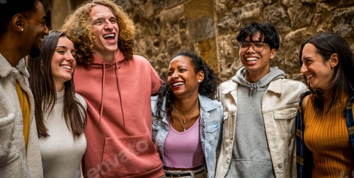 Preview: Diverse group of young people hugging together outdoors