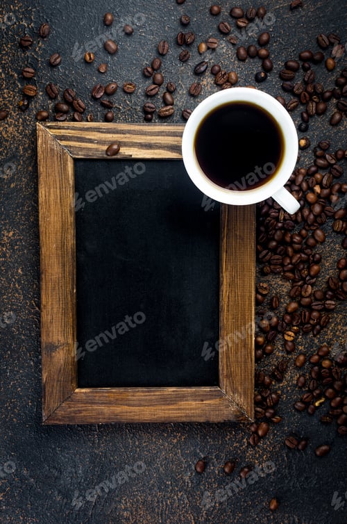 Preview: Empty black frame with White cup of black coffee and coffee beans