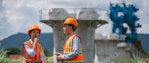 Preview: Senior construction engineer is holding paper plans and blueprints and talking with coworkers.