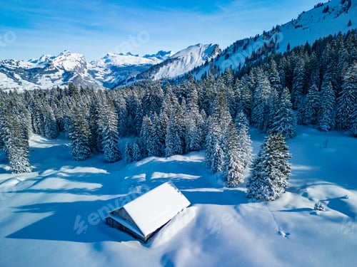 Preview: Aerial drone view of snow covered ski slopes at Stoos,Switzerland