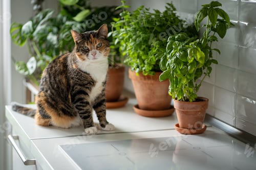 Preview: Pet and plants at home. Interested cat sit on kitchen table near small garden with houseplants herbs
