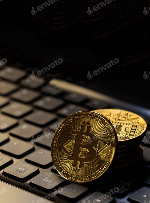 Preview: Bitcoin cryptocurrency gold coin on laptop. Blockchain technology. 3d illustration