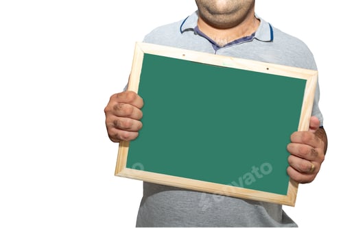 Preview: man holding blank school blackboard sign on a white background
