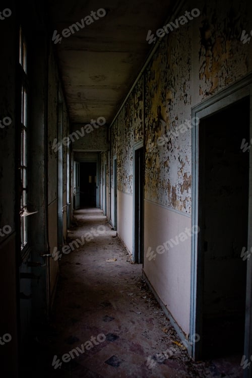 Preview: Vertical shot of a creepy corridor in an abandoned house