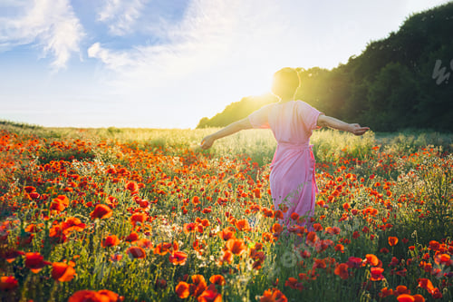 Preview: Back view happy young woman in a pink dress with raised arms relaxing in red poppies flowers meadow