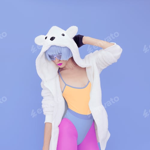 Preview: crazy girl in hoodie Teddy Bear on a blue background.