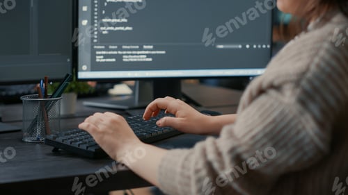 Preview: Closeup of caucasian software coder hands typing on keyboard in front of computer screen