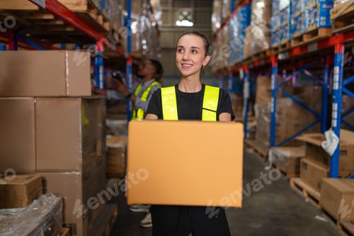 Preview: warehouse employee worker enjoy working and holding box.
